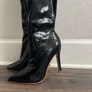 Women’s pointed toe over the knee boots with animal prints + Black